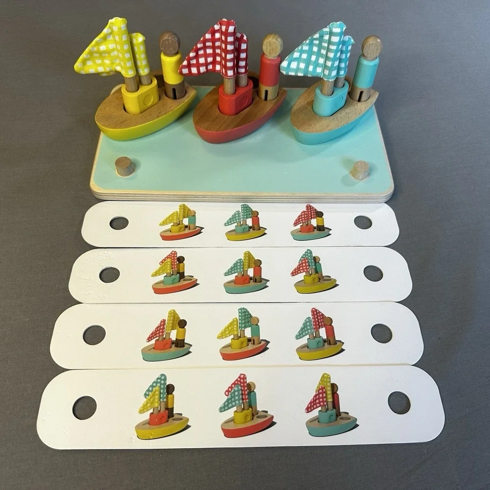 Lovevery Wooden Sailboat Matching Game Puzzle Set w/ 3 Boats & Pattern Cards
